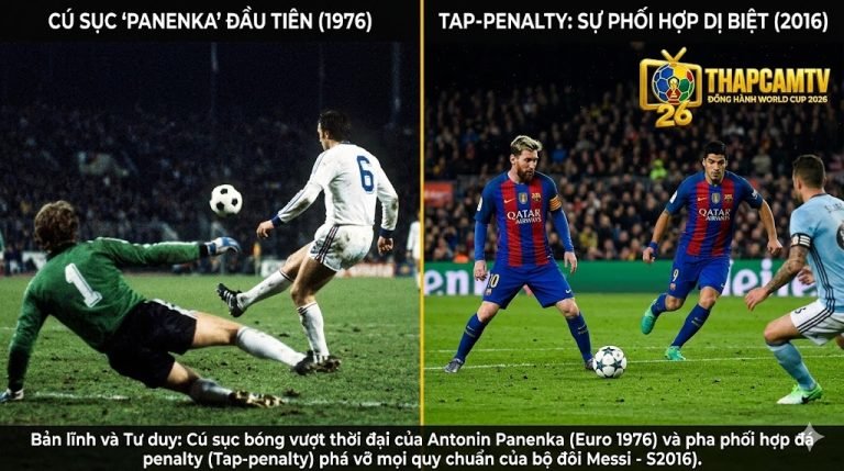 Hai trường phái sút penalty nghệ thuật: Cú sục bóng lịch sử của Antonin Panenka năm 1976 và pha đá penalty phối hợp của Messi - Suarez năm 2016.
