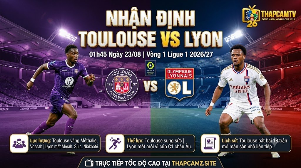 Nhận định bóng đá Toulouse vs Lyon vòng 1 Ligue 1 2026/27, cập nhật phong độ, thông tin lực lượng và điểm nhấn trận đấu trên ThapcamTV.